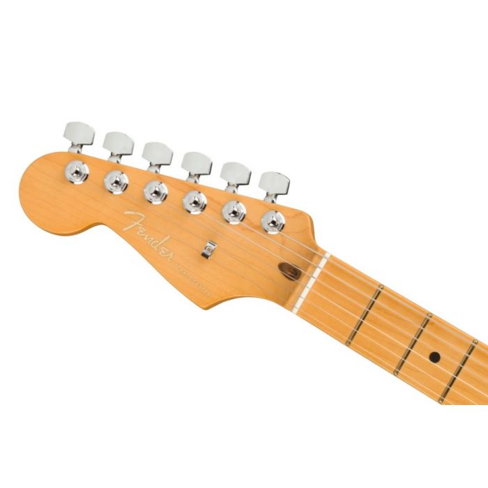 Head stock close up of the Fender American Ultra Stratocaster Left-Hand MN Ultraburst