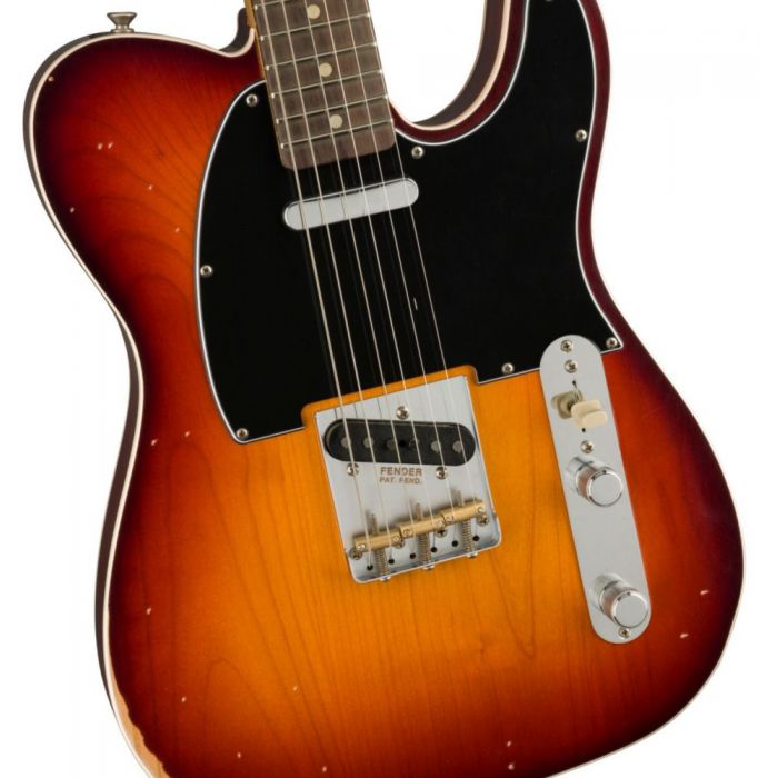 Closeup of the body on a Fender Jason Isbell Custom Telecaster, 3-color Chocolate Burst