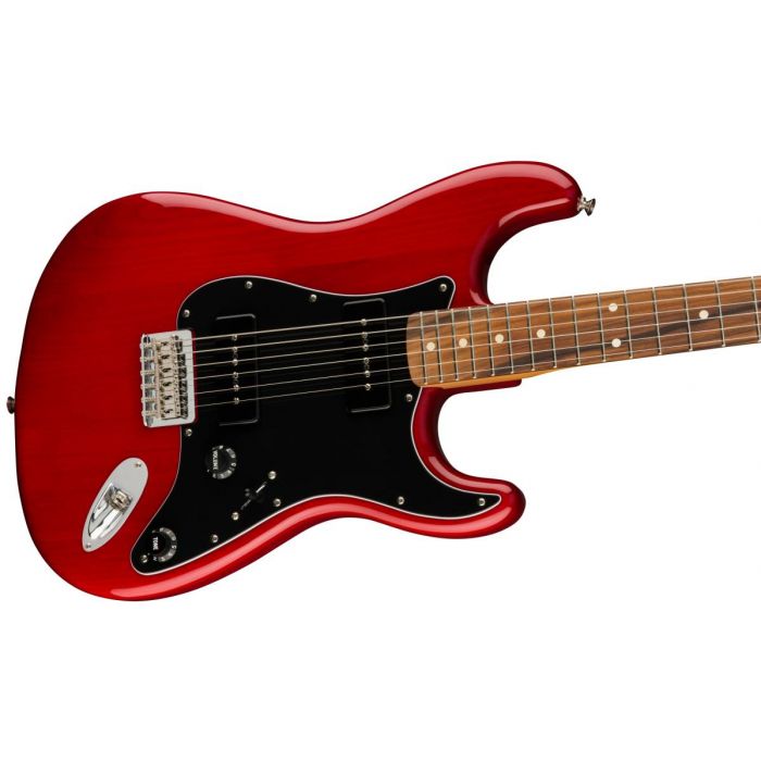 Angled body close up of the Fender Noventa Stratocaster PF Crimson Red Transparent