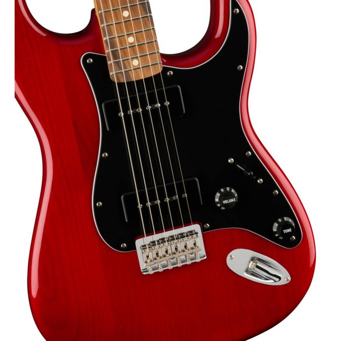 Body close up of the Fender Noventa Stratocaster PF Crimson Red Transparent