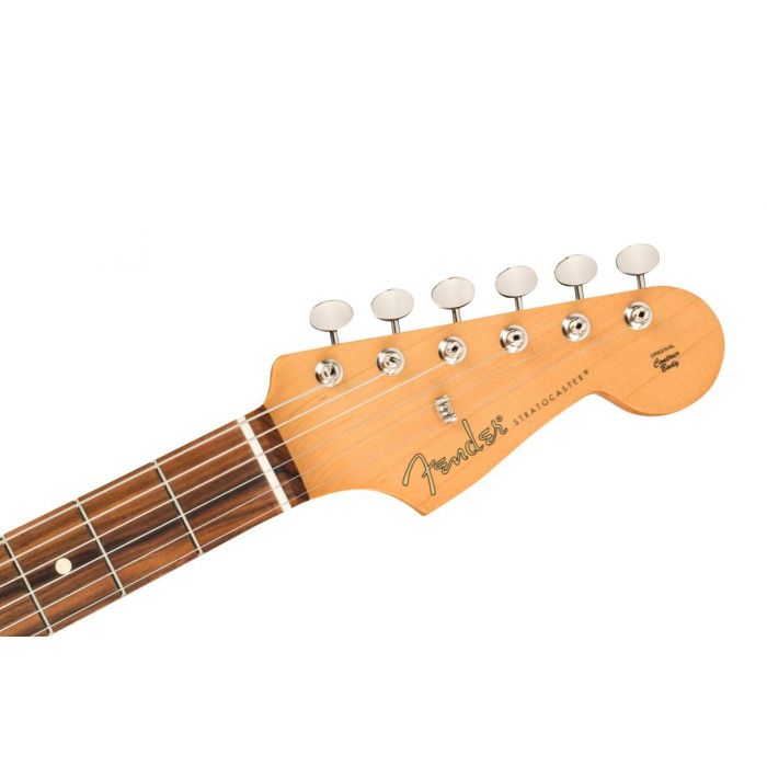 Headstock close up of the Fender Noventa Stratocaster PF Crimson Red Transparent
