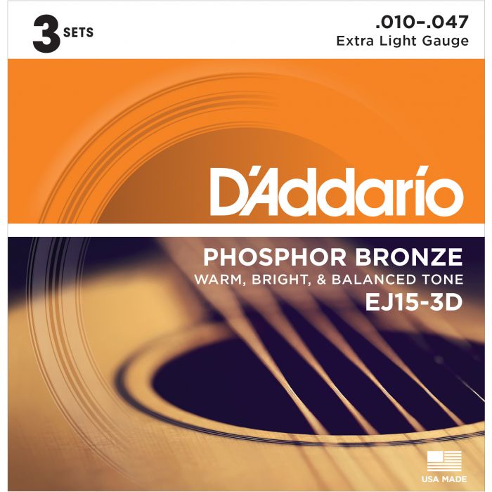 DAddario EJ15-3D Bronze Acoustic Guitar Strings Extra Light 3 Sets Front View