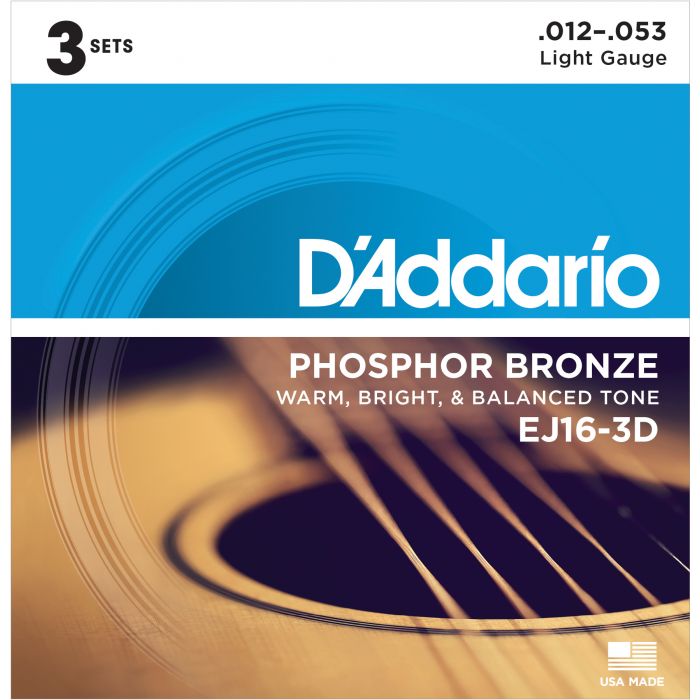 D'Addario EJ16-3D Phosphor Bronze Acoustic Guitar Strings,Light 3 Sets Front View