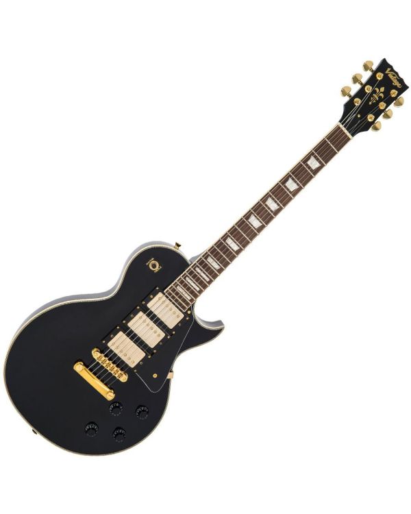 Vintage V100 3 Pick Up Guitar, Gold Hardware, Boulevard Black
