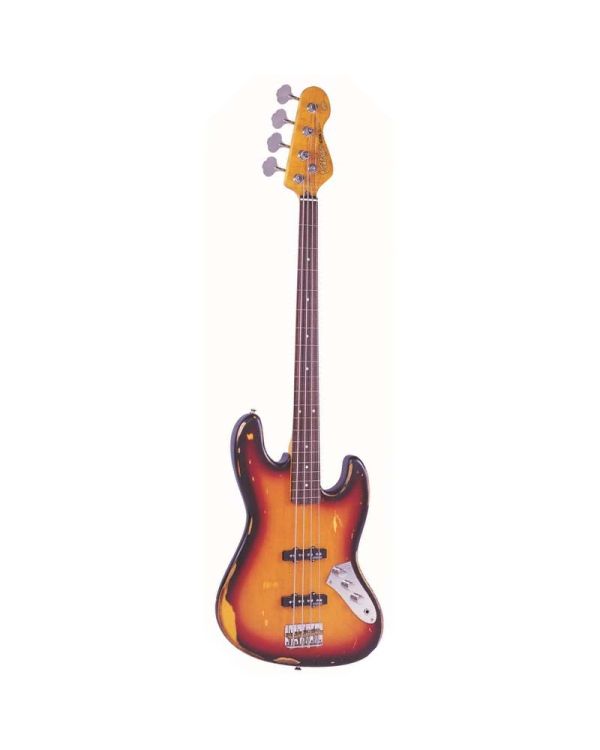Vintage V74MRJP Icon Fretless Bass, Distressed Sunset Sunburst
