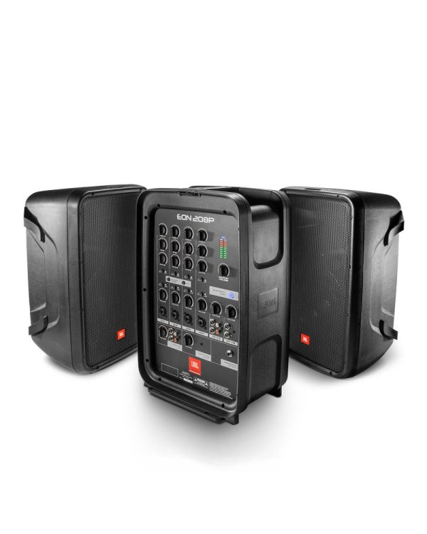 B-Stock JBL EON 208P Powered PA Speaker Bundle With 8 Channel Mixer