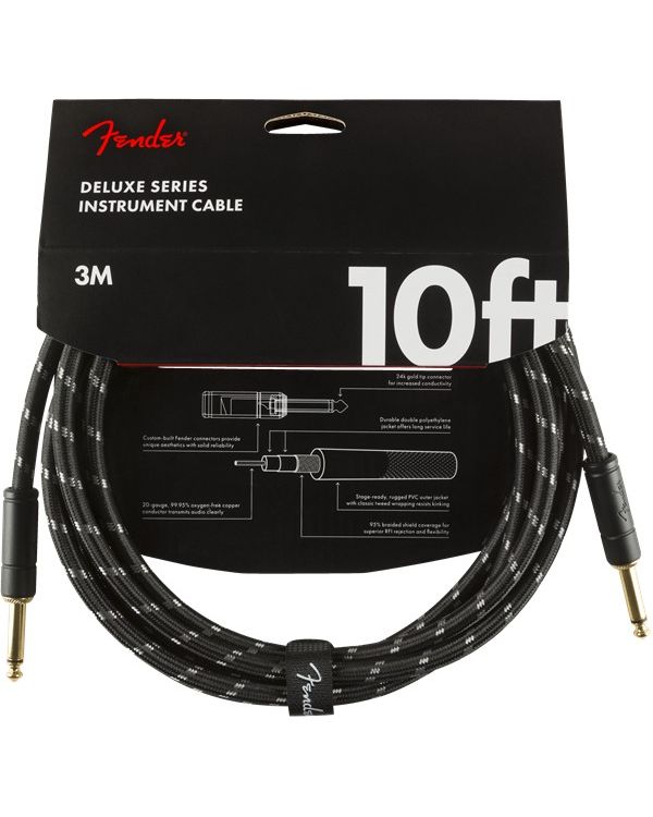 Fender Deluxe Instrument Cable w Straight Jacks, 10ft, Black Tweed