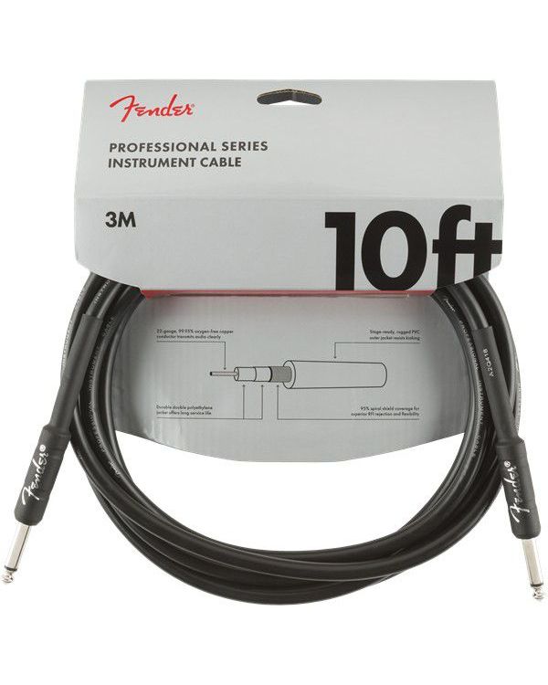 Fender Professional Instrument Cable w Straight Jacks, 10ft, Black