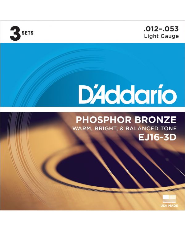 D'Addario EJ16-3D Phosphor Bronze Acoustic Guitar Strings,Light 3 Sets