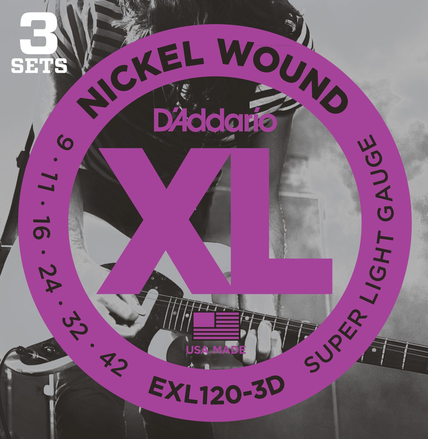 An image of DAddario EXL120-3D Nickel Wound Electric Guitar Strings 9-42 (3 Sets) | PMT Onli...