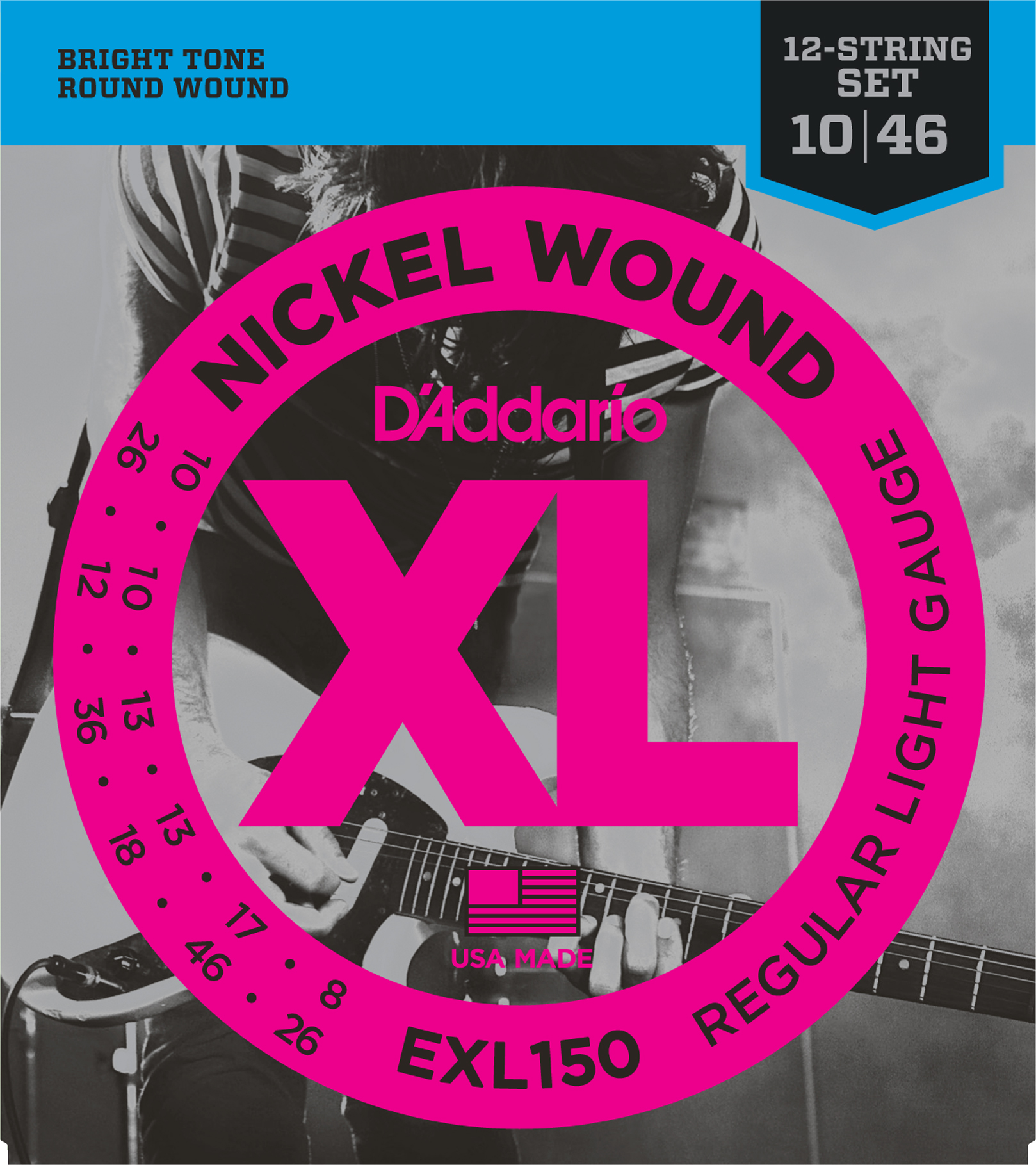 An image of DAddario EXL150 Nickel Wound Electric Guitar Strings 12-String 10-46 | PMT Onlin...