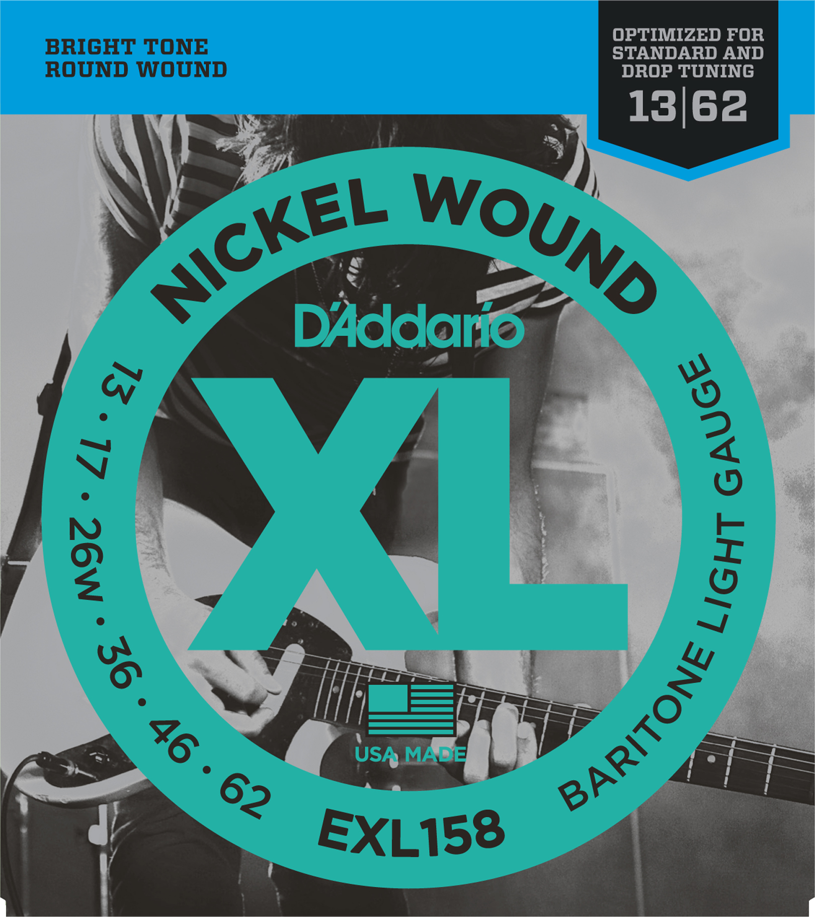 An image of DAddario EXL158 Nickel Wound Electric Guitar Strings Baritone Light 13-62 | PMT ...