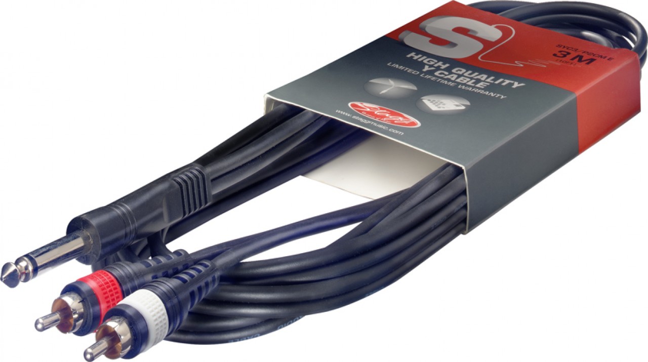 An image of Stagg 3m Mono 6.3mm Jack to Stereo RCA Phono Cable